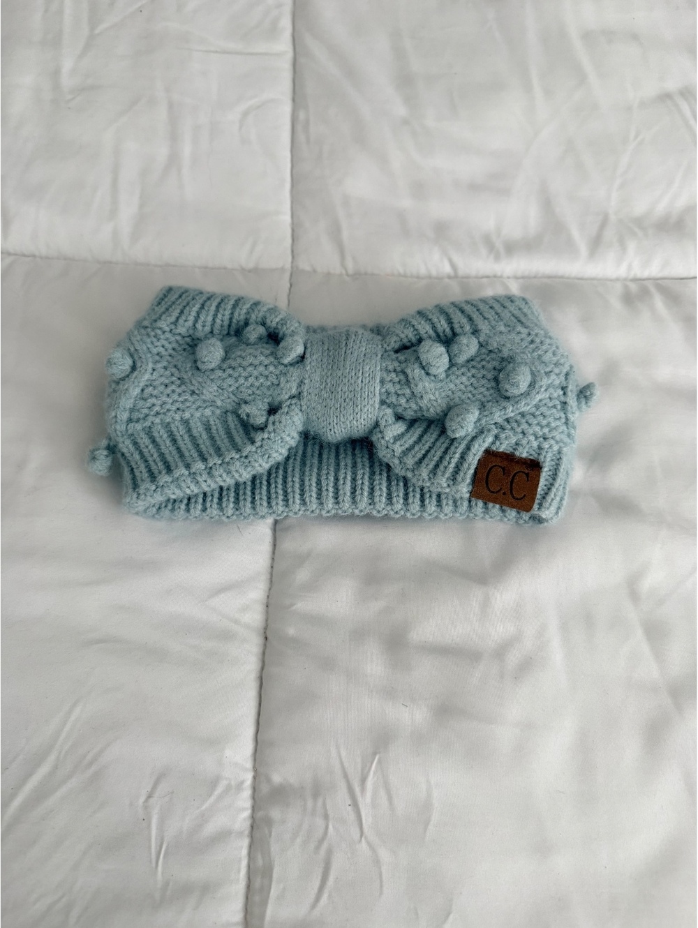 C.C Light Blue Knit Bow Headband with Pom Pom Accents